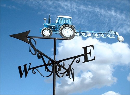 Country tractor weather vane artist painted in blue with furrow