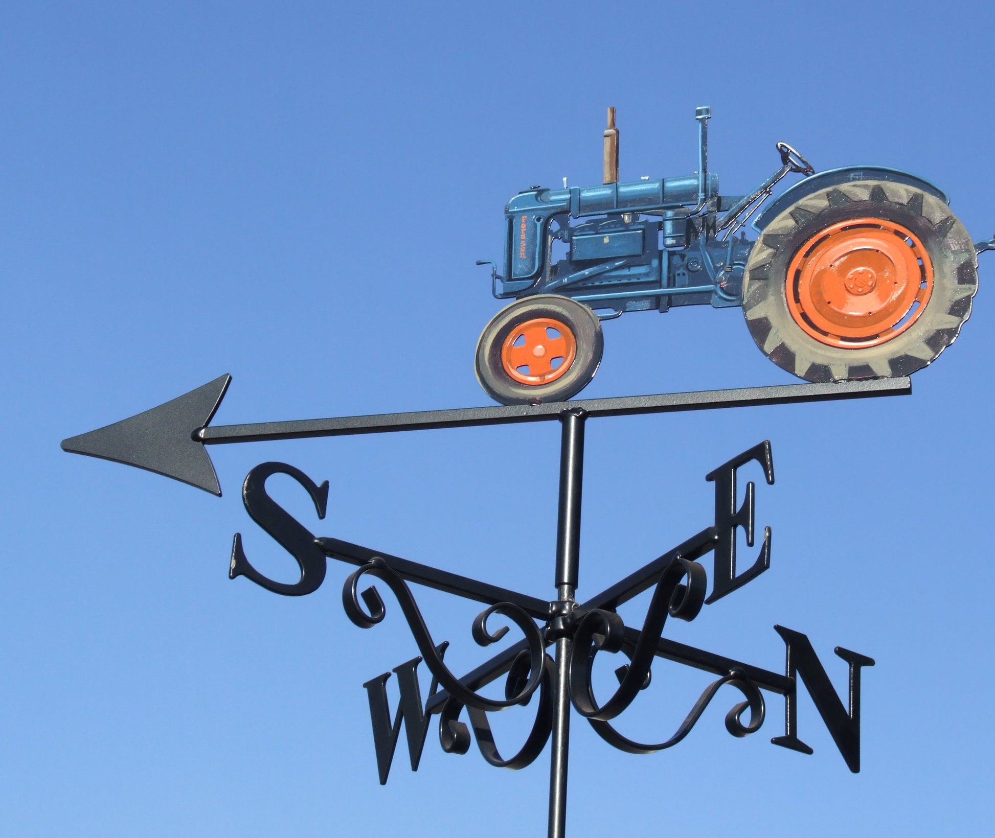 Fordson tractor weather vane hand painted blue orange left side