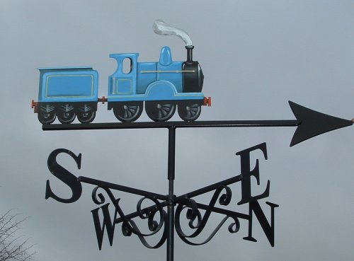 Blue steam train weathervane with tender painted