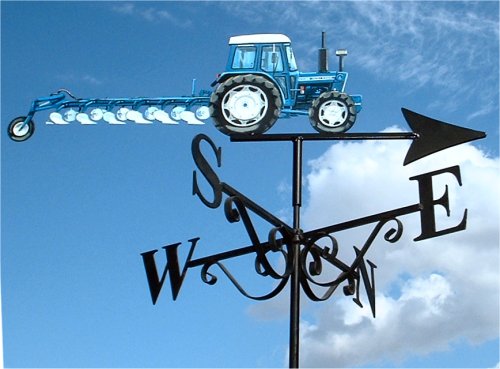 Hand painted blue country tractor with plough weather vane right side