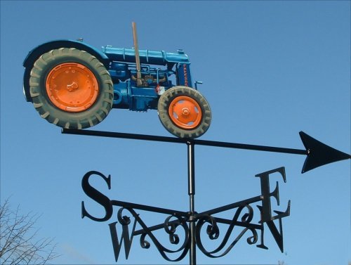 Water washer tractor hand painted in blue showing right side weather vane